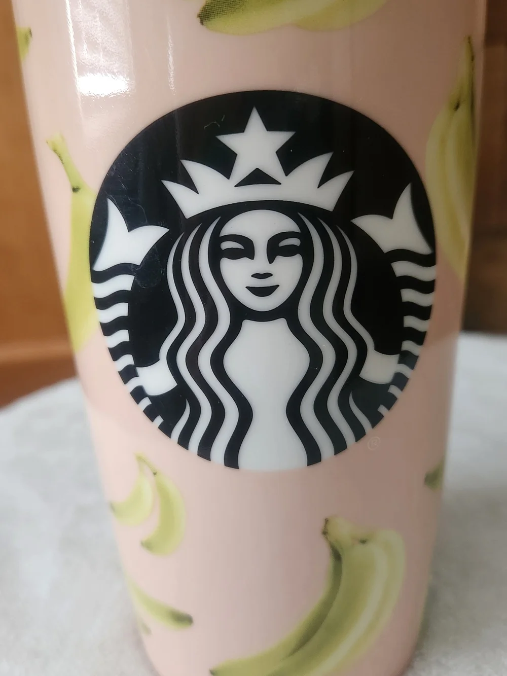 Starbucks 2015 Pink Banana Themed Ceramic Tumbler- 12oz Travel Mug w/ Lid